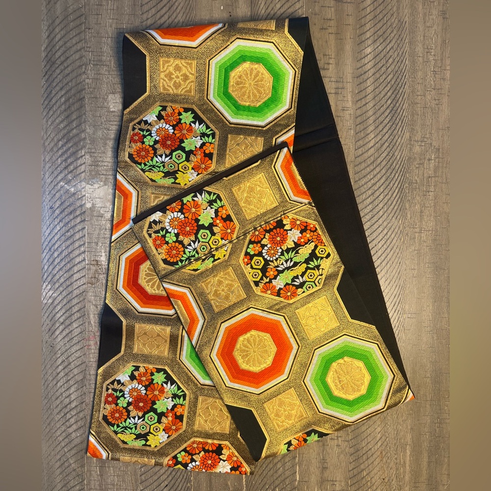 Vintage Japanese obi black background silk reverse side